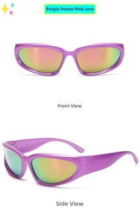 Front and side views of children's oval sports sunglasses with purple frame and pink lens