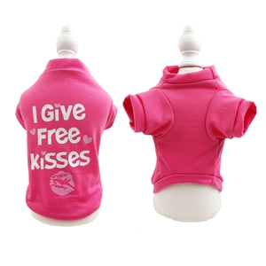 Detailed front and back view of pink pet T-shirt with I GIVE FREE KISSES text