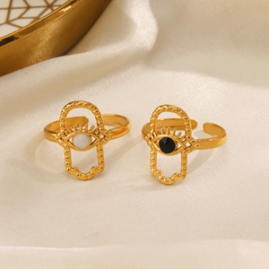 Bague ouverte style rétro français plaqué or 18 carats avec œil grec émaillé noir et blanc
