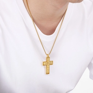 Men's gold double layered cross pendant necklace made of high quality stainless steel