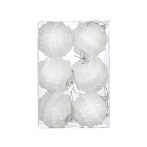 Six white textured Christmas decorative balls with silver hooks in a clear gift box