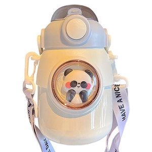 Cute panda insulated water bottle for kids in cream white with strap and pop lid