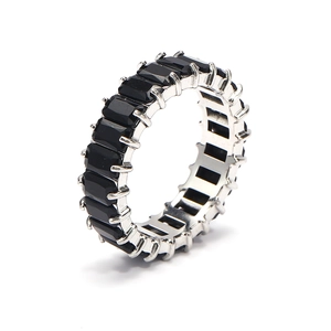 Close-up of eternity ring featuring black cubic zirconia pavé set in silver titanium steel