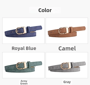 Detail view of four textured belts in navy, camel, army green, and gray with golden D-buckles