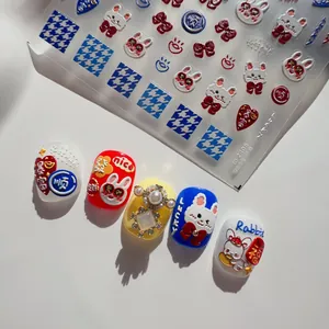 Detail of 3D embossed rabbit nail stickers with lucky charms and plaid patterns