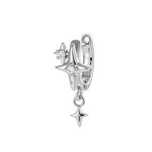 Silver star pendant hoop earring with sparkling crystals and minimalist metal finish