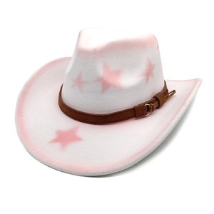 White felt cowboy hat featuring pink star patterns and a brown faux leather buckle band