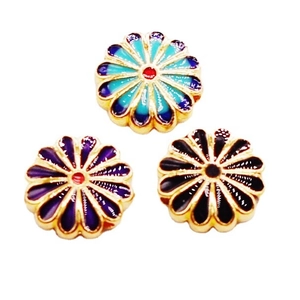 Enamel sunflower beads in blue, purple, and black with golden borders for DIY jewelry