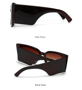 Detailed side and back view of oversized geometric sunglasses with wide tortoise temples