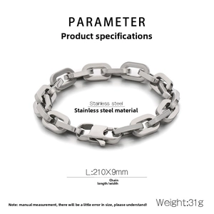 Detail of 9mm stainless steel square link chain bracelet with lobster clasp and dimensions
