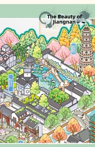 Detailed 3D isometric Jiangnan water town stickers with Suzhou Museum and Tiger Hill