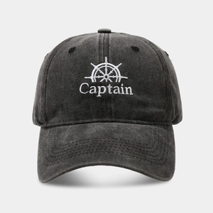 Vintage washed charcoal baseball cap featuring white Captain embroidery and anchor motif