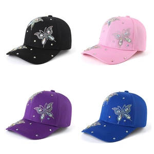 Women's baseball caps set with rhinestone butterfly decorations in four vibrant colors