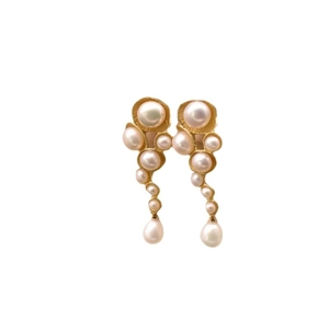 Elegant natural freshwater pearl long drop earrings with gold plated 925 silver organic design