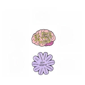 Set of nine colorful enamel pins with motivational quotes and daisy floral designs