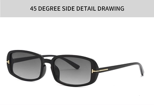 Macro shot of gold T-shape metal hinge detail on black rectangular sunglasses
