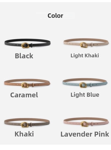 Detailed grid of slim genuine leather belts for women with round vintage metal buckles