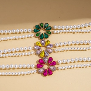 Vintage baroque double-layer pearl necklace with rhinestone flower accents in multiple colors