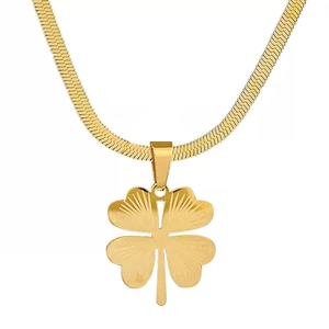 Detail of gold clover pendant on a flat snake chain with polished radial texture