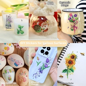 DIY glitter animal stickers applied on candles, ceramics and phone cases show versatility