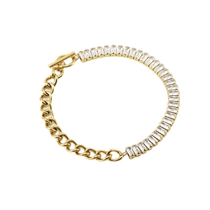 Golden Cuban link bracelet with rectangular crystals and toggle clasp on white background