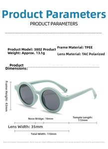 Detailed size chart for baby polarized sunglasses with TPEE frame and TAC lens specifications