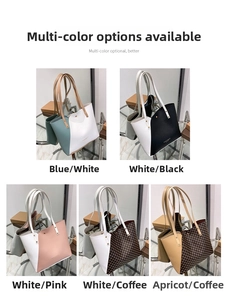 Close-up of five color variants of large tote bags with gold rivets and leather texture