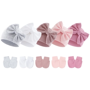 Baby Hat And Anti Scratch Gloves Soft Cotton Blend Warm Newborn Large Bow Knot Lovely Infant Accessories