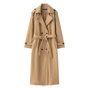 Détail d'un manteau en laine camel avec boutons à double boutonnage et ceinture ajustable