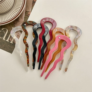 Acetate U Shaped Hair Stick Wave Hair Fork With Rhinestone Retro Elegant Hair Styling Accessories For Women