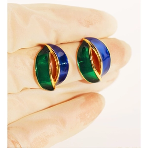 Vintage gold-trimmed leaf earrings with blue and green enamel and streamlined geometry