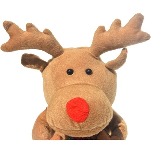 Close-up of brown plush reindeer with a red nose and 3D antlers for Christmas