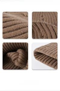 Macro detail of brown ribbed knit beanie showing thick texture and durable stitching
