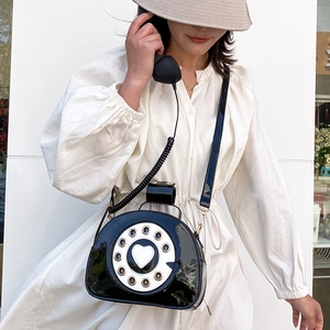 Creative Retro Telephone Shaped Crossbody Bag Glossy PU Leather Funny Handbag Heart Rotary Dial Sweet Girl Style