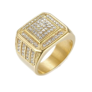 Luxurious gold-plated titanium steel hip hop ring with sparkling full pavé cubic zirconia