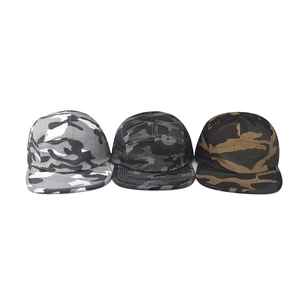 Three-pack vintage cotton camo 5-panel camper hats with flat brims for outdoor use