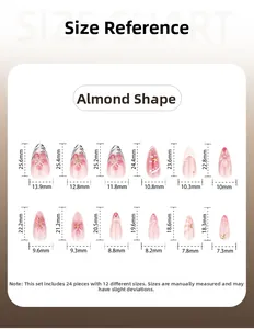 Size reference chart for 3D flower almond press-on nails showing 12 different dimensions