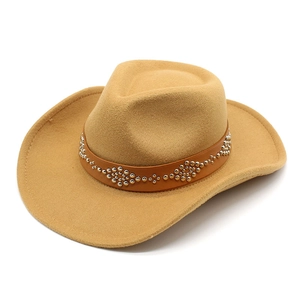Detail of khaki wool felt cowboy hat with brown leather band and silver metal studs