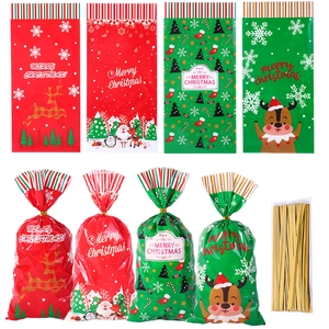 Christmas Candy Packaging Bags Santa Claus Reindeer Snowflake Pattern OPP Plastic Gift Bags For Cookies Biscuits Party Supplies With Ties