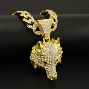 Collier Pendentif Tête De Loup Iced Out Strass Chaîne Cuban Link Bijoux Hip Hop Rapper Pour Hommes Femmes Alliage