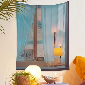 Detailed view of scenery wall tapestry with digital print and soft polyester texture