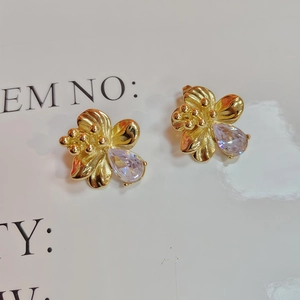 Gold Plated Stainless Steel Flower Earrings With Pear Shaped Transparent Zircon For Women High End Elegant Style
