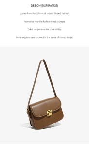 Détail du sac à épaule en cuir marron, design élégant de rabat carré avec fermoir métallique.