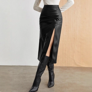 High waist black leather midi skirt with side slit and elegant asymmetrical drape