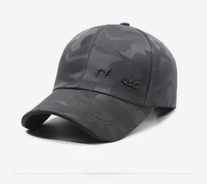 Close-up of the black 3D Classic embroidery on the grey camouflage baseball cap