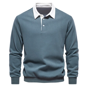 Detailed close-up of gray-blue long-sleeve Polo sweatshirt with white collar and ribbed cuffs