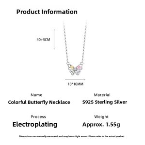 Detail view of S925 silver butterfly necklace with dimensions and technical specifications