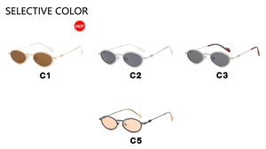 Detail view of oval crystal-studded sunglasses with slim metal frames in multiple colors