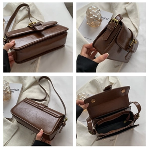 Detailed interior and exterior views of a dark brown vintage faux leather messenger bag