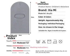 Detailed spec chart of grey acrylic knitted balaclava for kids aged 6 months to 8 years